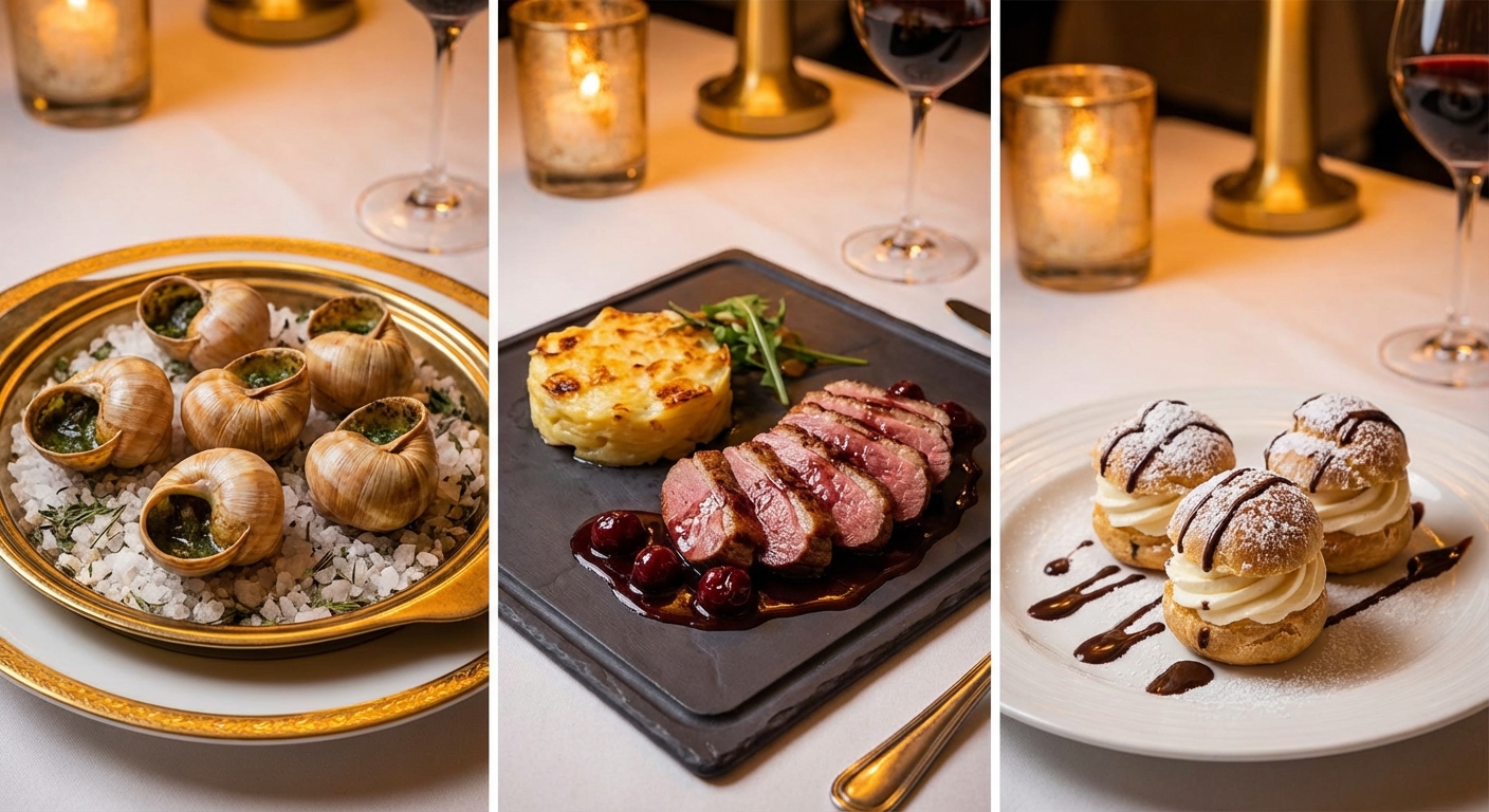 Menu Gourmand - Escargots, magret de canard et profiteroles au Chalet Saint-Michel Paris